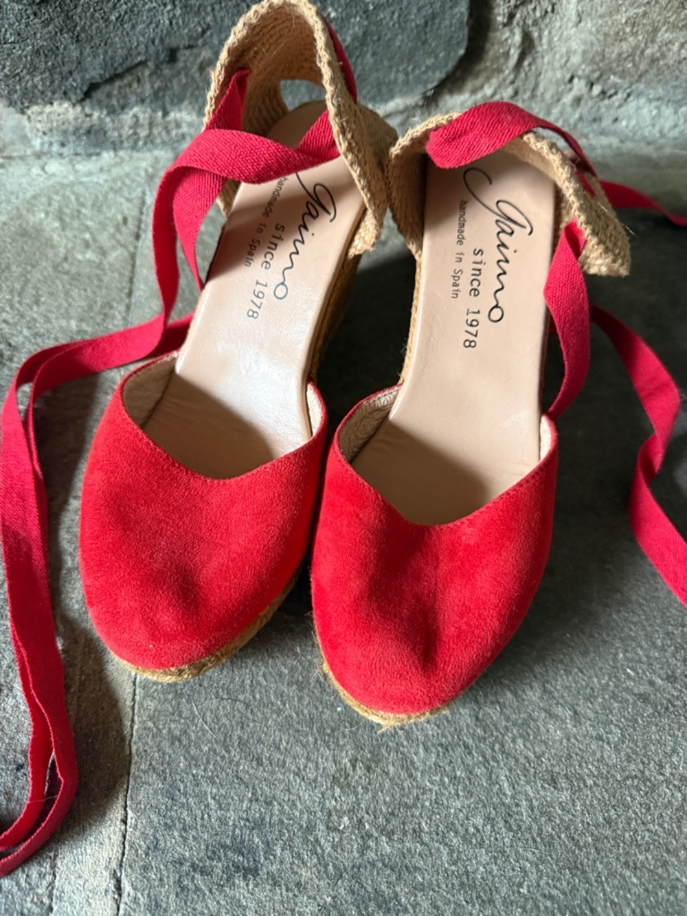 Gaimo Red Suede Espadrille Wedge Sandals with Ankle Wrap